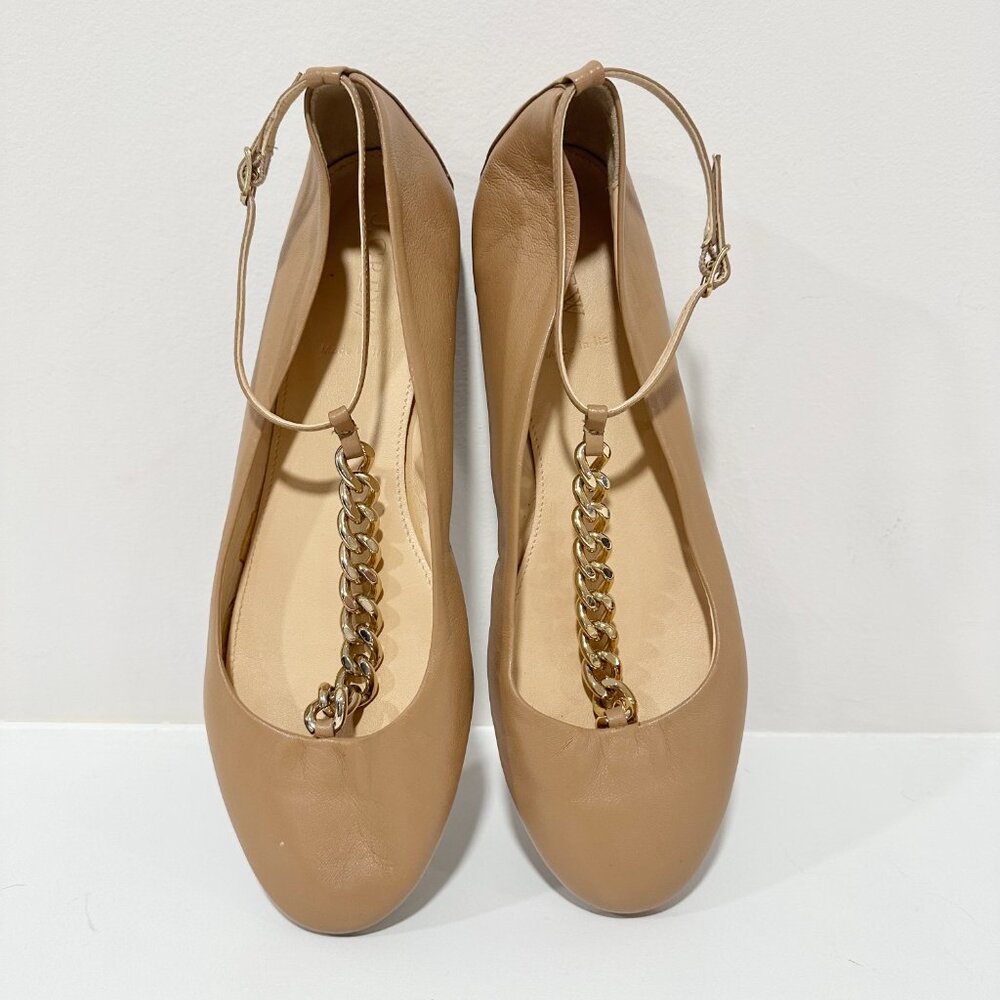 Jcrew Tan Nude Jayne Leather T Strap Ballet Flats with Gold Chain Size 8